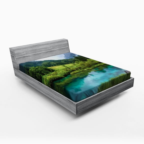 Ambesonne Landscape Fitted Sheet, Zelenci Pond Slovenia, Full Size, Green Aqua