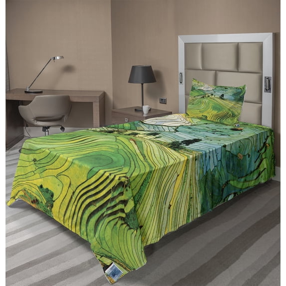 Ambesonne Landscape Fitted & Top Sheet Set with Sham, Aerial Scenery Nature, Multicolor