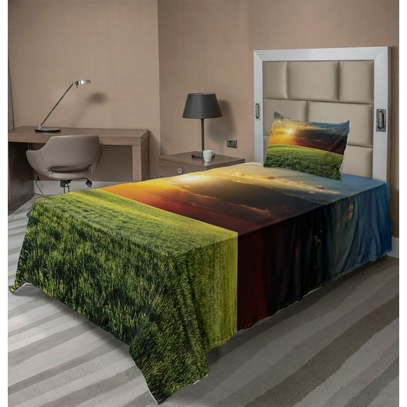 Ambesonne Landscape Fitted & Top Sheet Set with Sham, Dark Clouds Sunset, Green Yellow