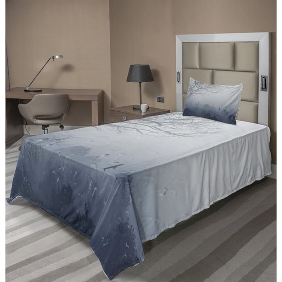 Ambesonne Landscape Fitted & Top Sheet Set with Sham, Idyllic Forest Rain View, Dark Slate Blue Grey