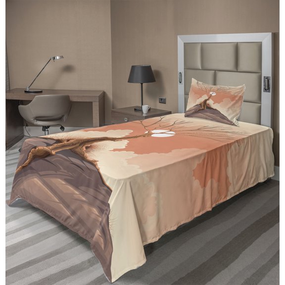 Ambesonne Landscape Fitted & Top Sheet Set with Sham, Lonely Tree on Cliff, Orange Brown
