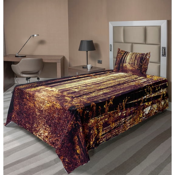 Ambesonne Landscape Fitted & Top Sheet Set with Sham, Misty Weather Forest, Pale Yellow Dark Orange
