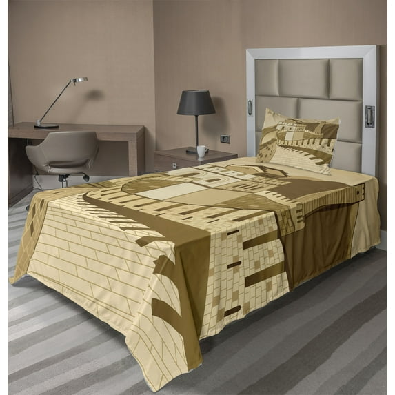 Ambesonne Landscape Fitted & Top Sheet Set with Sham, Old Cultural Heritage, Cream