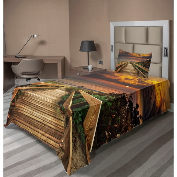 Ambesonne Landscape Fitted & Top Sheet Set with Sham, Wooden Pier Sunset Beach, Multicolor