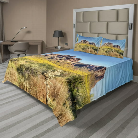 Ambesonne Landscape Fitted & Top Sheet Set with Shams, Blooming Mountain, Orange and Brown