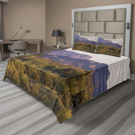 Ambesonne Landscape Fitted & Top Sheet Set with Shams, Cactus Mountain in Spring, Brown Green