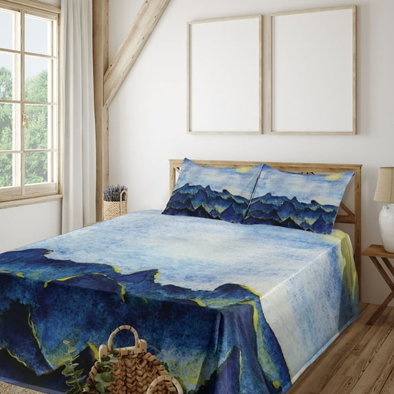 Ambesonne Landscape Fitted & Top Sheet Set with Shams, Hills Cloud Sky, Yellow Blue