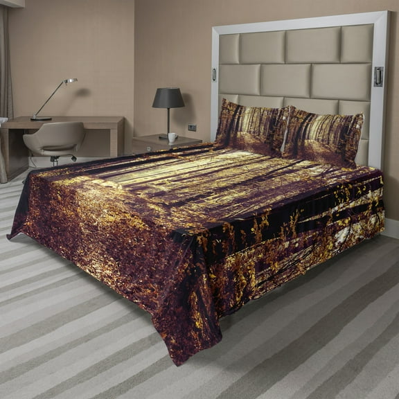 Ambesonne Landscape Fitted & Top Sheet Set with Shams, Misty Weather Forest, Pale Yellow Dark Orange