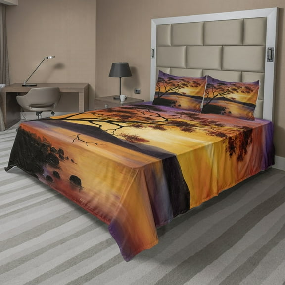 Ambesonne Landscape Fitted & Top Sheet Set with Shams, River Mountain Sunset, Burnt Orange Purple