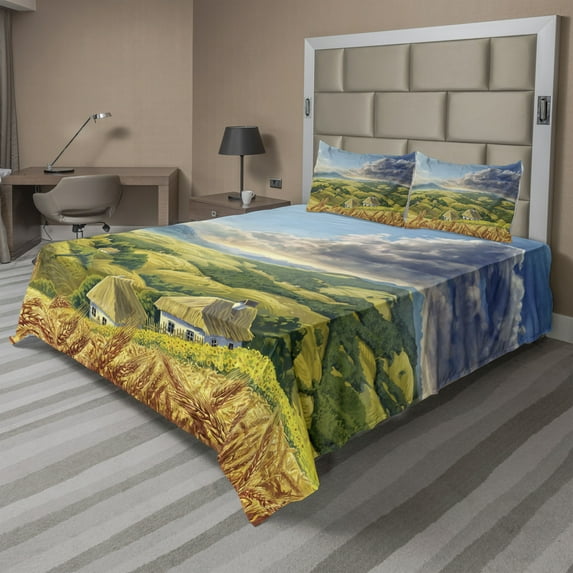 Ambesonne Landscape Fitted & Top Sheet Set with Shams, Summer Rural Houses, Green White Blue