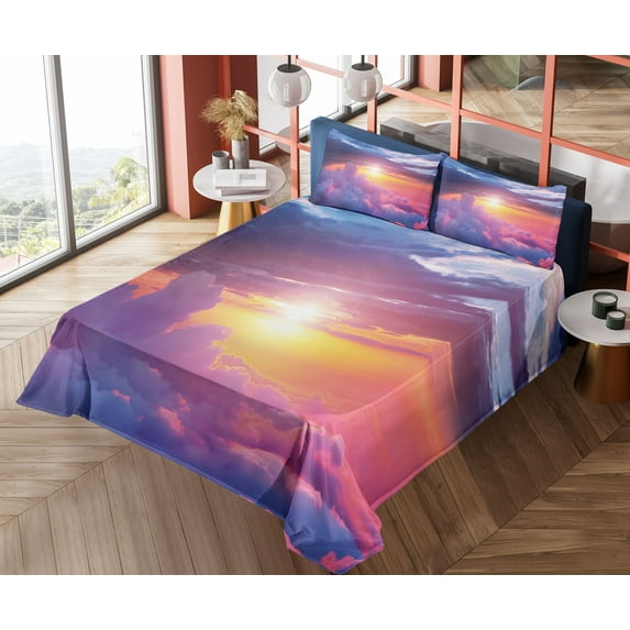 Ambesonne Landscape Fitted & Top Sheet Set with Shams, Sunset Sky and Clouds, Blue Yellow Purple