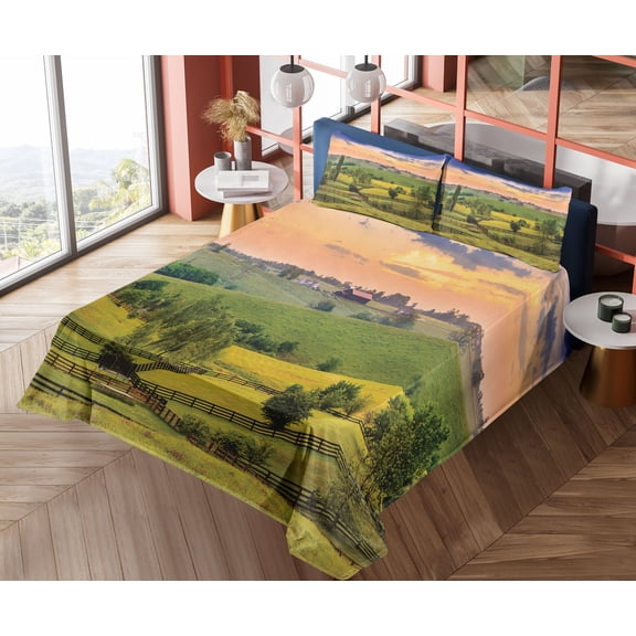 Ambesonne Landscape Fitted & Top Sheet Set with Shams, Surreal Countryside, Green Blue Orange