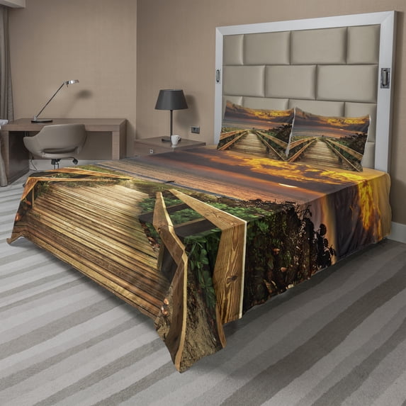 Ambesonne Landscape Fitted & Top Sheet Set with Shams, Wooden Pier Sunset Beach, Multicolor