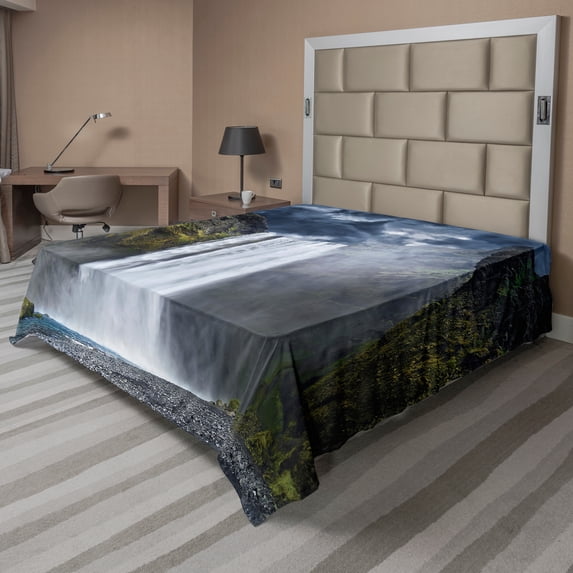 Ambesonne Landscape Flat Sheet, America Cliffs Scene, Full Size, Green Blue White