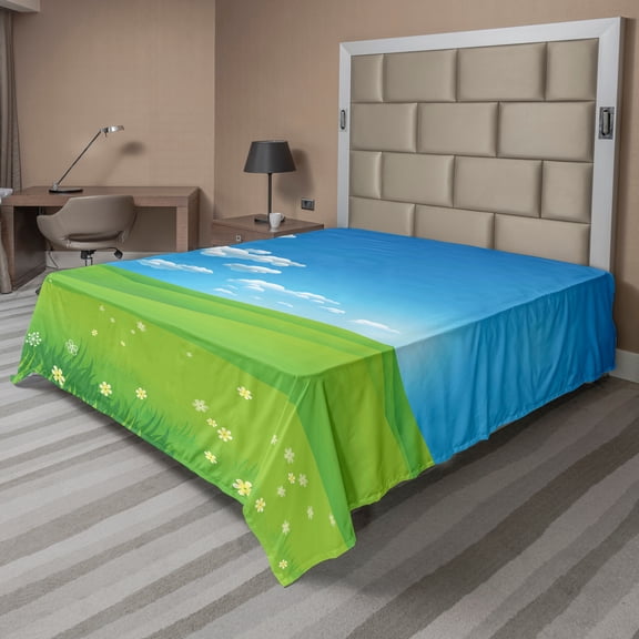 Ambesonne Landscape Flat Sheet, Cartoon Valley Scene, King Size, Blue White Green