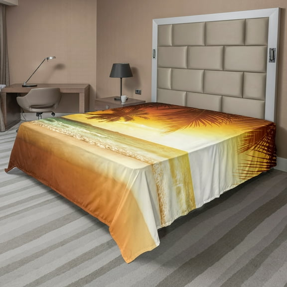 Ambesonne Landscape Flat Sheet, Coast and Palms at Sunset, Queen Size, Burnt Orange Sea Green