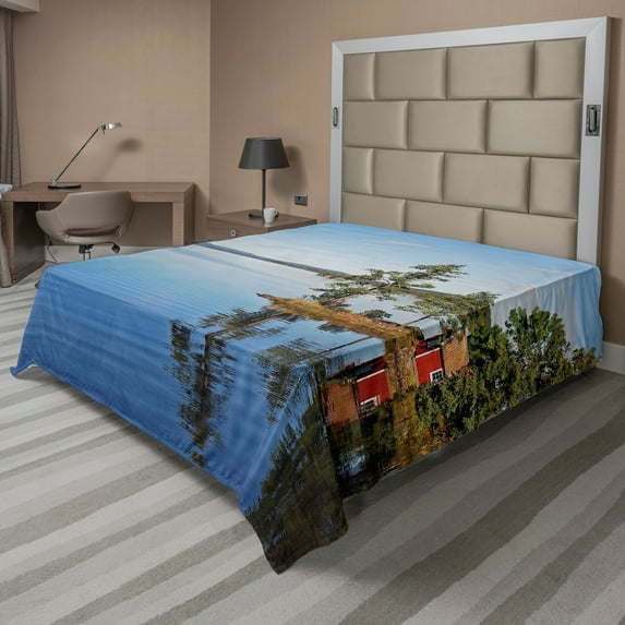 Ambesonne Landscape Flat Sheet, Country Lake House, King Size, Multicolor