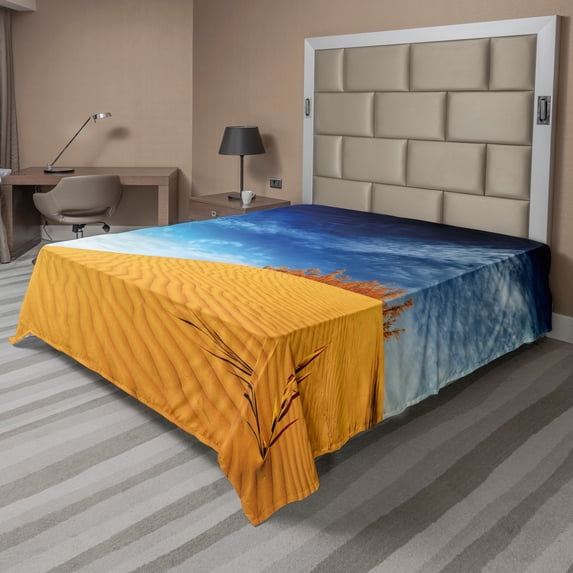 Ambesonne Landscape Flat Sheet, Desert Sand Dunes, California King, Blue and Apricot