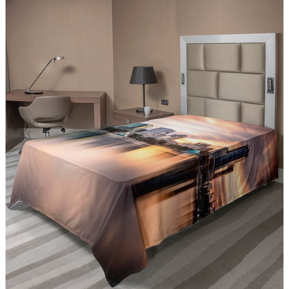 Ambesonne Landscape Flat Sheet, Downtown City Skyline, Twin Size, Teal Peach Grey