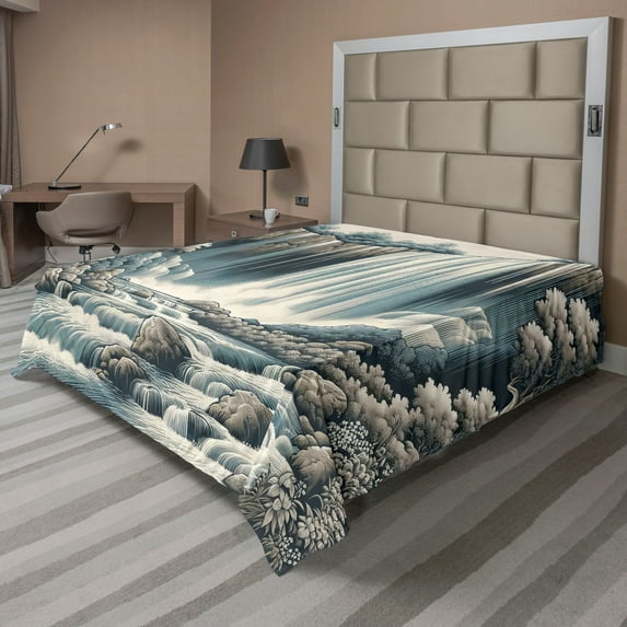 Ambesonne Landscape Flat Sheet, Expressive Waterfall Art, California King, Blue Grey Pale Sepia