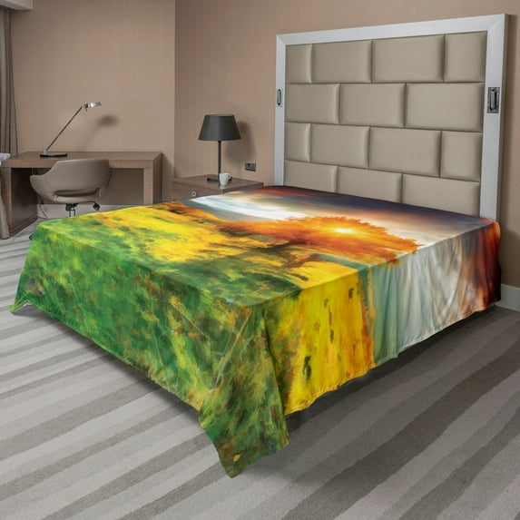 Ambesonne Landscape Flat Sheet, Fall Season Mountains, King Size, Multicolor