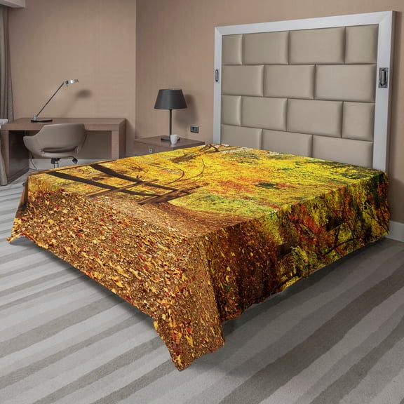 Ambesonne Landscape Flat Sheet, Fall Trees Leaf Road, King Size, Ginger Yellow Marigold