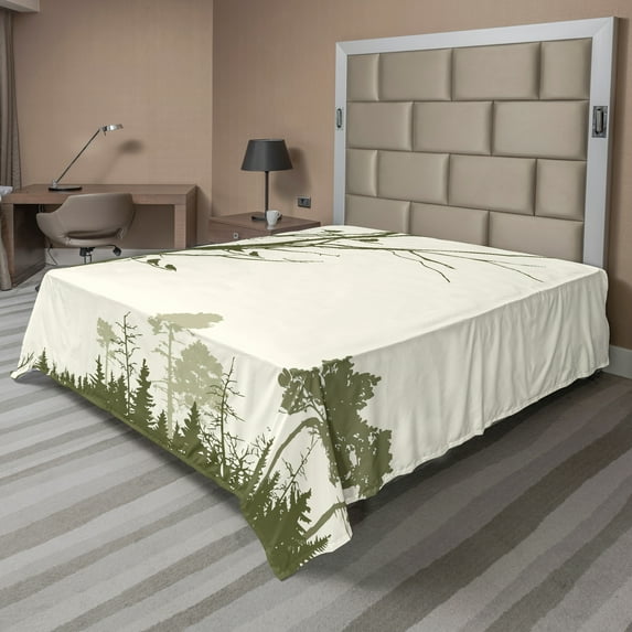 Ambesonne Landscape Flat Sheet, Forest Birds on Tree, Full Size, Olive Green Cream