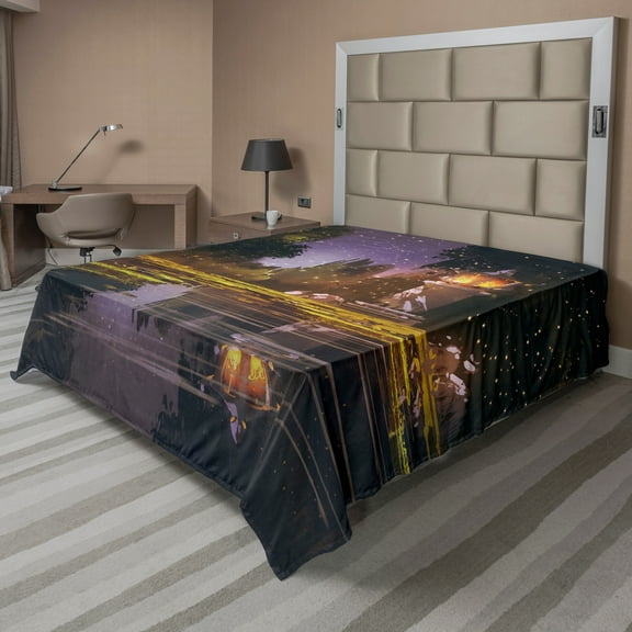 Ambesonne Landscape Flat Sheet, Forest Night Swamp Art, King Size, Multicolor