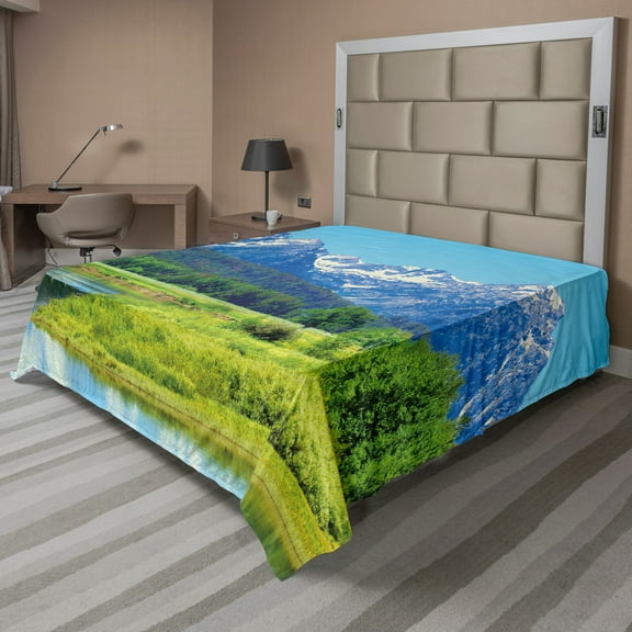Ambesonne Landscape Flat Sheet, Grand Teton Mountains, King Size, Yellow Green Multicolor