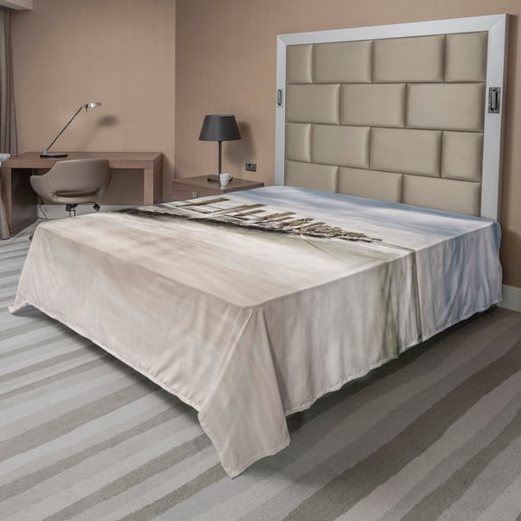 Ambesonne Landscape Flat Sheet, Groyne Zingst Germany, Queen Size, Pale Blue White Tan
