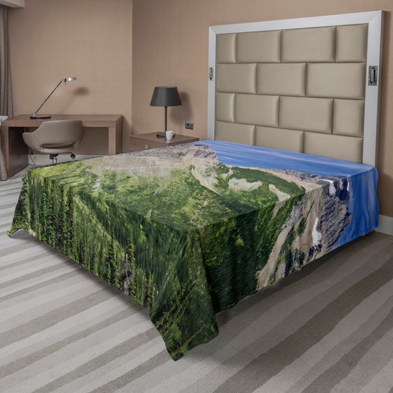 Ambesonne Landscape Flat Sheet, High Mountains and Forest, California King, Olive Green Multicolor