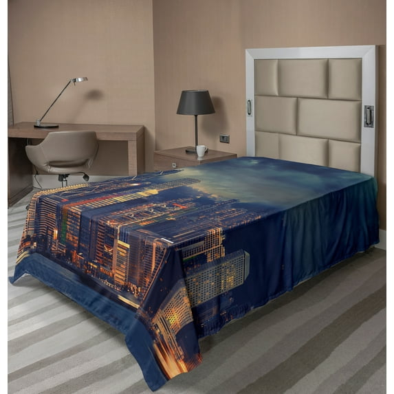 Ambesonne Landscape Flat Sheet, Hong Kong Cityscape, TwinXL Size, Multicolor
