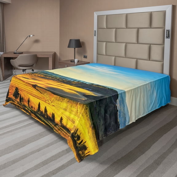 Ambesonne Landscape Flat Sheet, Italy Farmland Rural, Queen Size, Blue Yellow