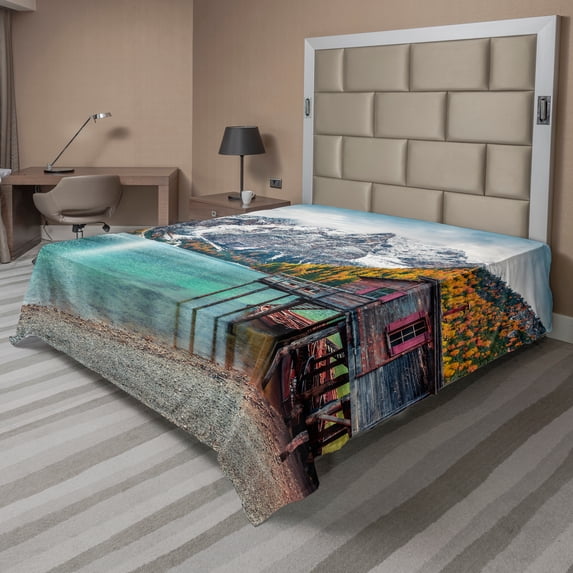 Ambesonne Landscape Flat Sheet, Lake Braies in Alps View, King Size, Multicolor