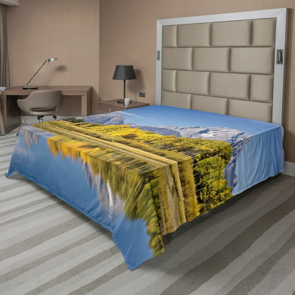 Ambesonne Landscape Flat Sheet, Lake View Clear Sky Photo, King Size, Earth Yellow Pale Coffee