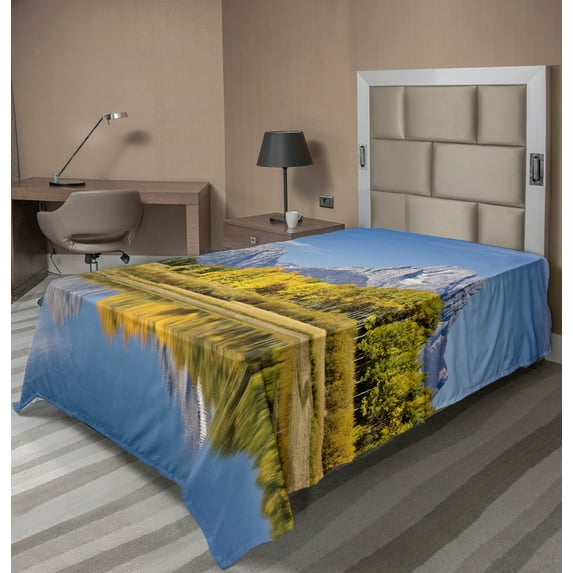 Ambesonne Landscape Flat Sheet, Lake View Clear Sky Photo, TwinXL Size, Earth Yellow Pale Coffee