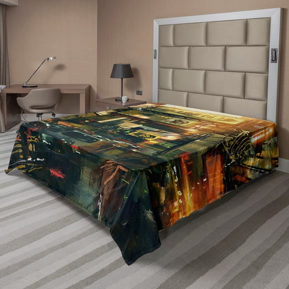 Ambesonne Landscape Flat Sheet, Metropolitan Colorful, California King, Multicolor