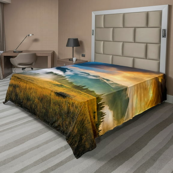 Ambesonne Landscape Flat Sheet, Misty Mountaintops, California King, Yellow Blue Green