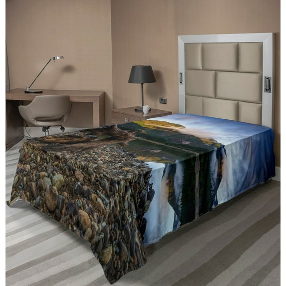 Ambesonne Landscape Flat Sheet, Mountain Lake Skies, Twin Size, Blue and Brown