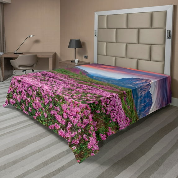 Ambesonne Landscape Flat Sheet, Mountain Village Fall, Full Size, Pink Green