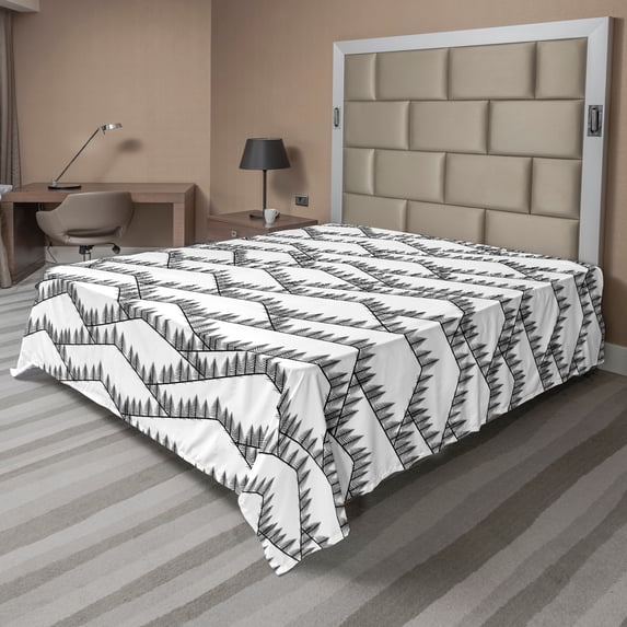 Ambesonne Landscape Flat Sheet, Mountains with Trees Art, Full Size, White and Charcoal Grey