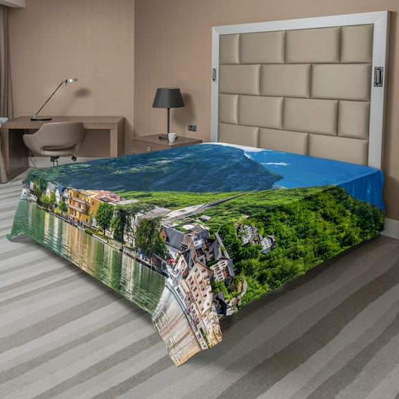 Ambesonne Landscape Flat Sheet, Natural View Austria, Queen Size, Green Blue White
