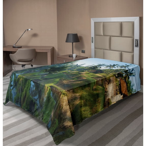 Ambesonne Landscape Flat Sheet, Palm Trees Morning, Twin Size, Green