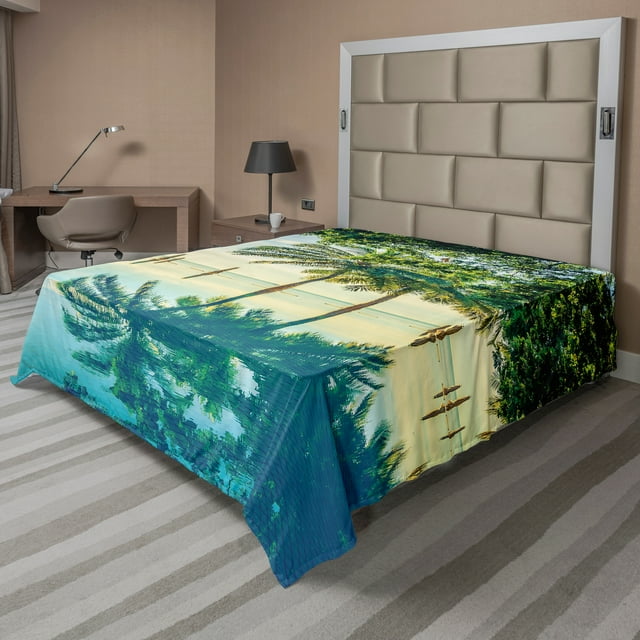 Ambesonne Landscape Flat Sheet, Pool Nearly Beach, Queen Size, Green Blue
