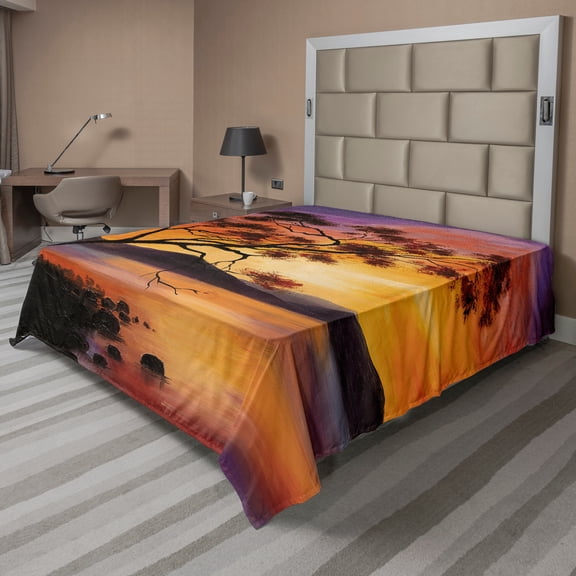 Ambesonne Landscape Flat Sheet, River Mountain Sunset, California King, Burnt Orange Purple