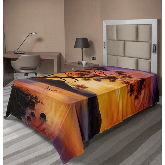 Ambesonne Landscape Flat Sheet, River Mountain Sunset, Twin Size, Burnt Orange Purple