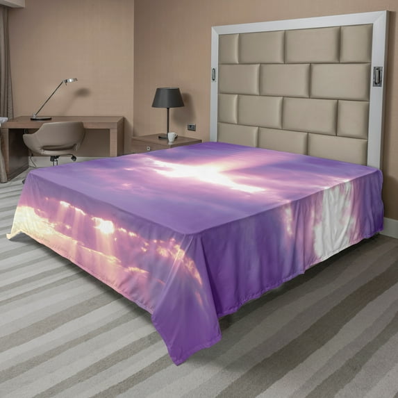 Ambesonne Landscape Flat Sheet, Romantic Cloudy Sky, King Size, Purple White