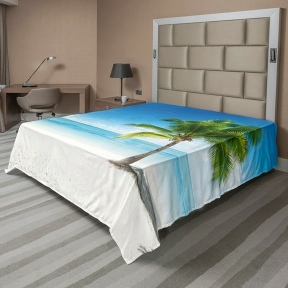 Ambesonne Landscape Flat Sheet, Sea Ocean Palm Trees, King Size, Sky Blue Green and White