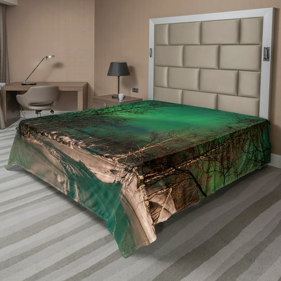 Ambesonne Landscape Flat Sheet, Snowy Frozen Road, California King, Jade Green Brown White