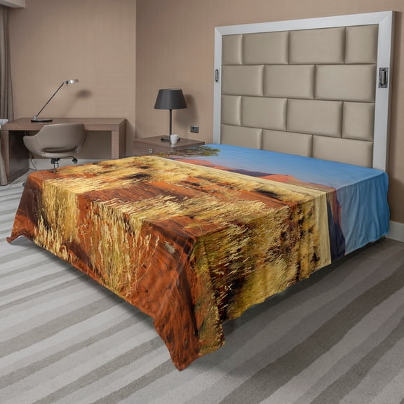 Ambesonne Landscape Flat Sheet, South Africa Desert, Queen Size, Sky Blue and Marigold